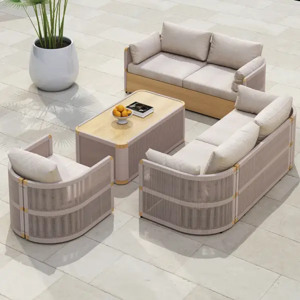 4 Pieces Modern Aluminum & Rope Outdoor Swivel Sofa Set with Coffee Table in Khaki for 6 - Image 3