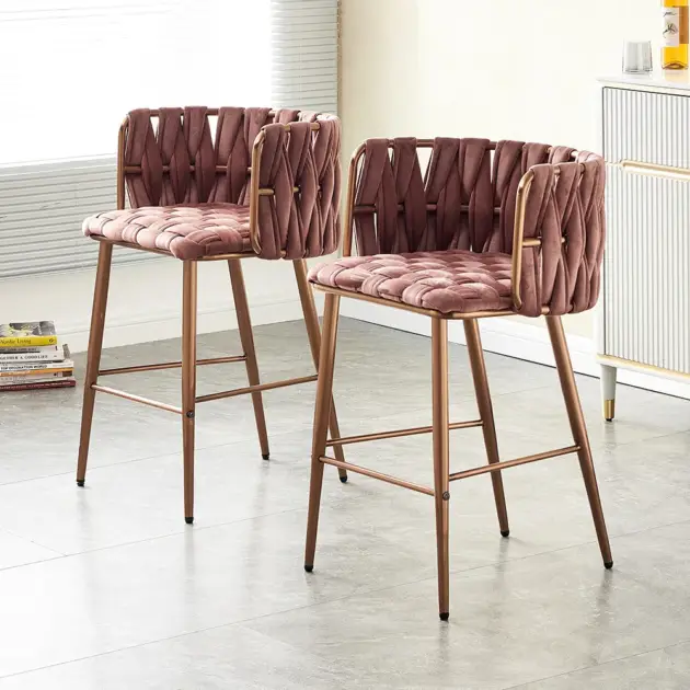 Modern Pink Velvet Counter Stools Set of 2 with Back & Footrest & Gold Frame