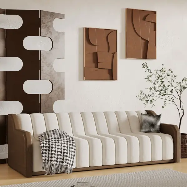 2400mm Modern White 3 Seater Fluted Velvet Upholstered Sofa Walnut Leather Arm - Image 2