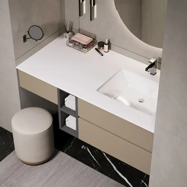 1000mm Modern Floating Bathroom Vanity Set with Single Basin & a Makeup Counter in Khaki - Image 5