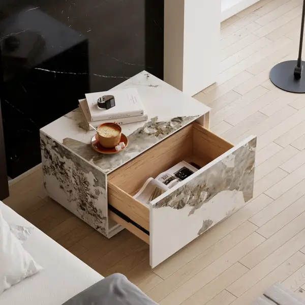 Modern White 600mmW Sintered Stone Nightstand 1 Drawer Bedside Table - Image 4