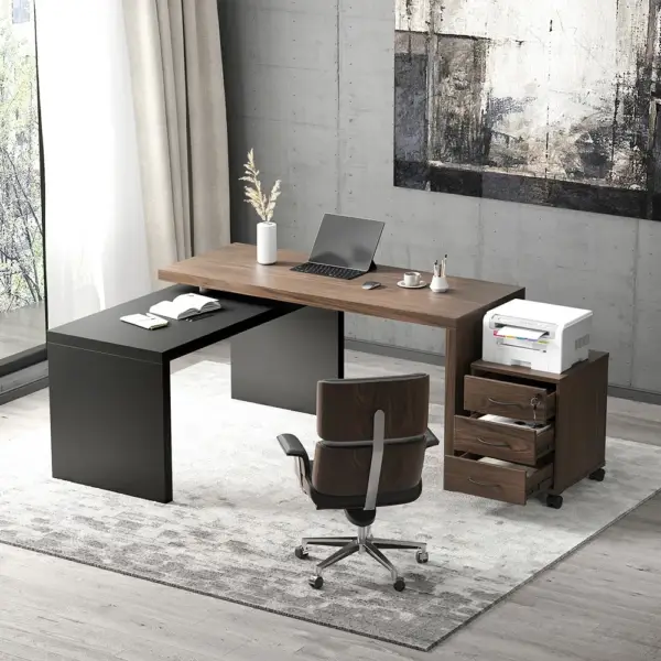 Modern Swivel Desk with Movable File Cabinet Black & Walnut L-Shaped Rotating Desk - Image 3