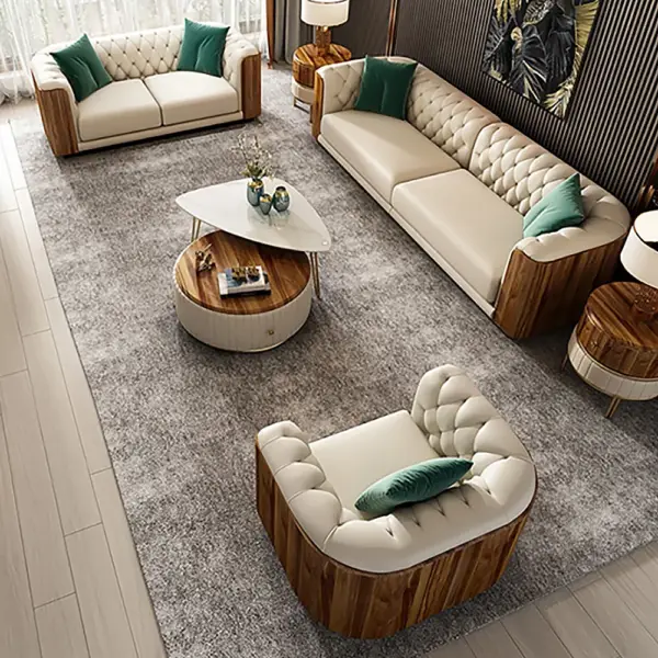 Wovent Modern Beige Faux Leather Tufted Sofa & Loveseat Living Room Set of 3 - Image 2