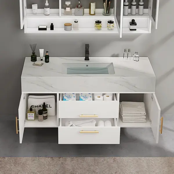 Modern 1000mm White Floating Bathroom Vanity Set Stone Top Wall Mounted Bathroom Cabinet - Image 6