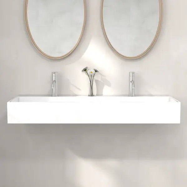 1200mm Wall-Mount Double Basin Stone Resin Matte White Floating Trough Bathroom Basin - Image 3