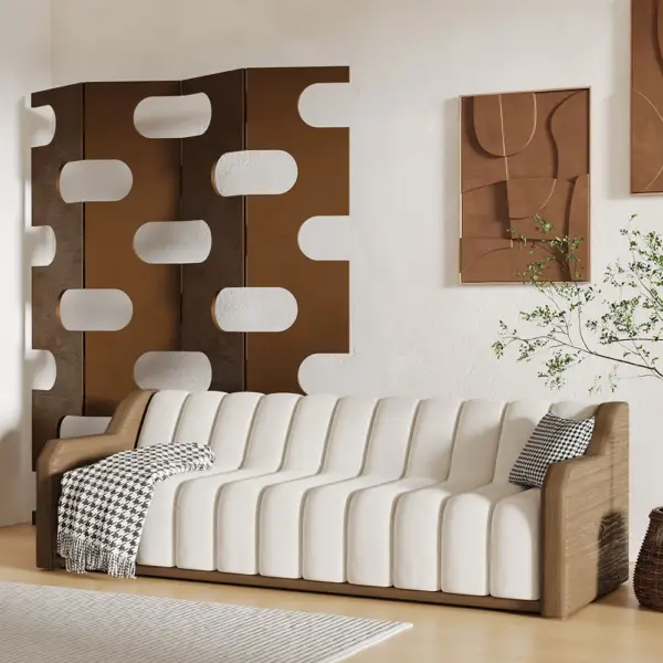 2400mm Modern White 3 Seater Fluted Velvet Upholstered Sofa Walnut Leather Arm - Image 3