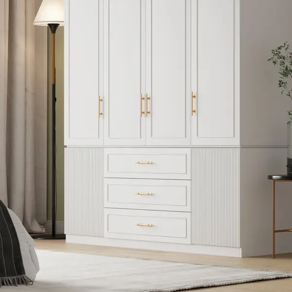Modern Luxury White Wide Armoire Clothes Cabinet with 3 Drawers & 6 Doors - Image 4