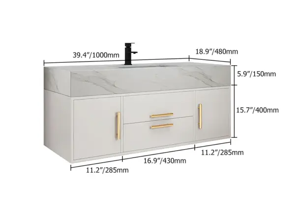 Modern 1000mm White Floating Bathroom Vanity Set Stone Top Wall Mounted Bathroom Cabinet - Image 12