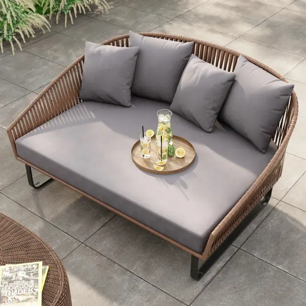 63" Rattan Outdoor Daybed with Grey Cushion Pillow Aluminum Frame