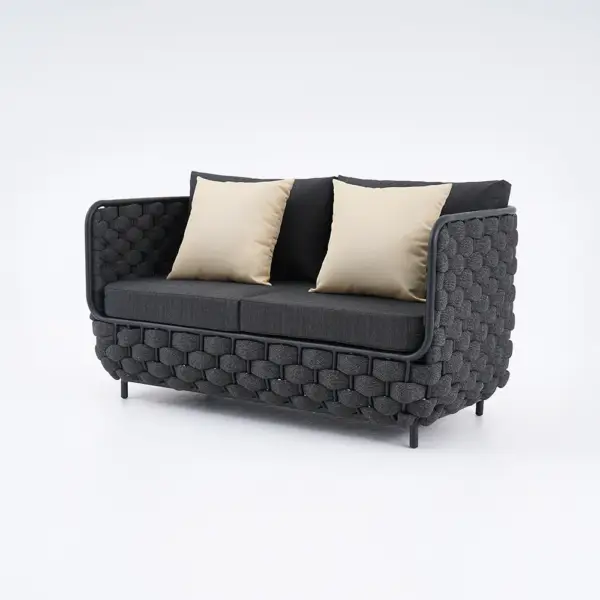 Martic 1350mm Wide Aluminium & Rope Outdoor Loveseat Patio Sofa with Cushions in Black - Image 9