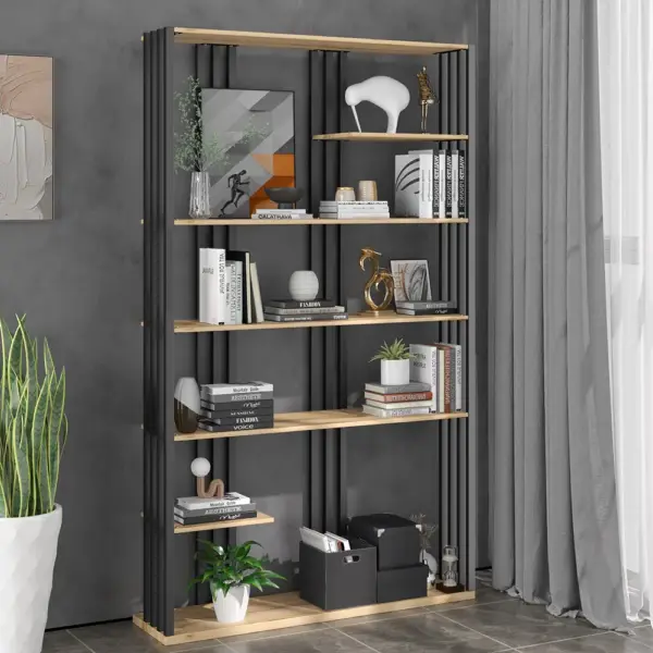 2000mm Modern Natural Etagere Bookcase 6-Tier Bookshelf Display in Black Finish - Image 2