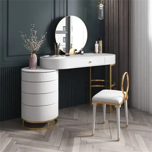 White Makeup Vanity Dressing Table with Swivel Cabinet Mirror & Stool Included - Image 3