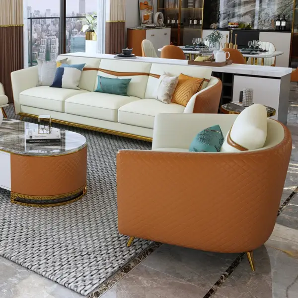 Colorg Orange Faux Leather Living Room Sofa with Single Sofa & Loveseat Set of 3 - Image 3