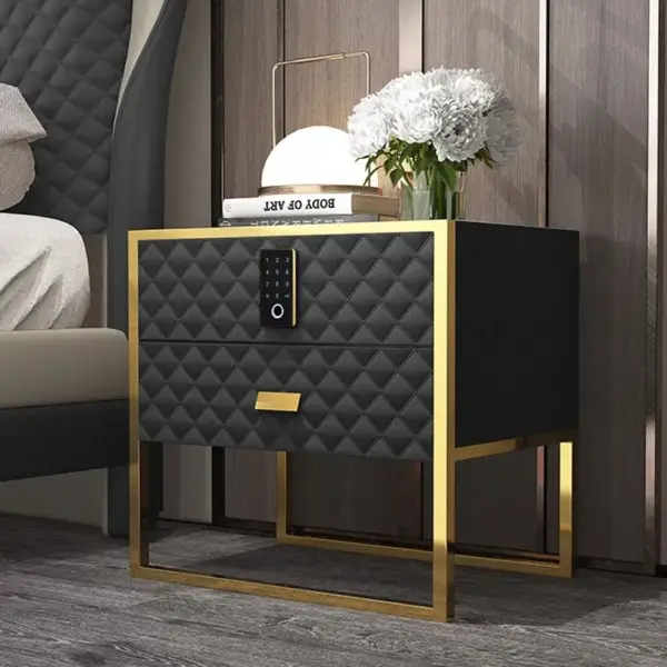 Black 2 Drawers Bedroom Nightstand with Electronic Lock Stainless Steel Base - Image 5
