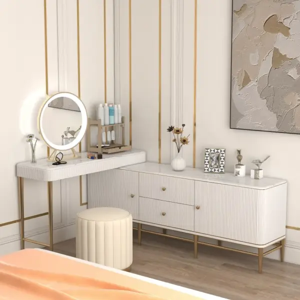 Bline Retractable Marble Top Makeup Vanity Table Cabinet Combo with Storage Corner - Image 6