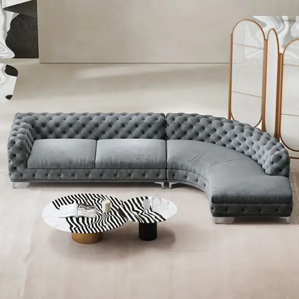 L-Shaped Curved Grey Sectional Sofa Upholstered Velvet Chesterfield Sofa - Image 4