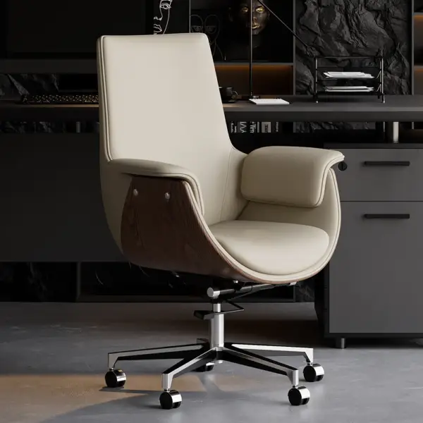 Grey Leather Modern Home Office Chair Upholstered High Back Desk Chair Wooden Frame - Image 2