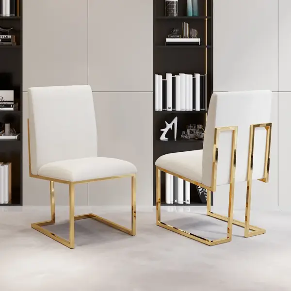 Modern Linen Dining Chair Upholstered in Beige Stainless Steel Leg Gold (Set of 2) - Image 2