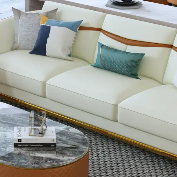 Colorg Orange Faux Leather Living Room Sofa with Single Sofa & Loveseat Set of 3 - Image 4