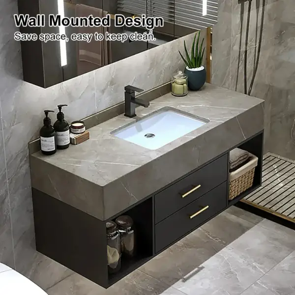 1200mm Floating Black and Grey Bathroom Vanity with Sintered Stone Vessel Sink - Image 4