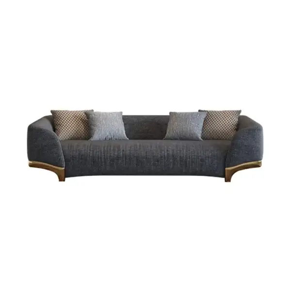 2200mm Grey 3-Seat Cotton & Linen Upholstered Sofa with Pillows Gold Legs - Image 9