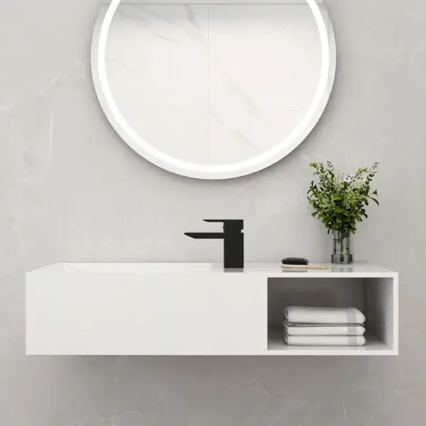 900mm Wall-Mount Stone Resin Wash Basin in Matte White with Storage Cubby Hole - Image 3