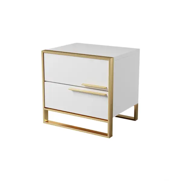 Nightstand Set of 2 White Square Bedside Table with 2 Drawers Minimalist Design in Gold - Image 9