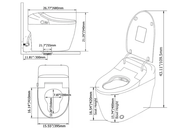 Black One-Piece Floor Mounted Elongated Smart Toilet & Bidet with Seat Horizontal Outlet - Image 12