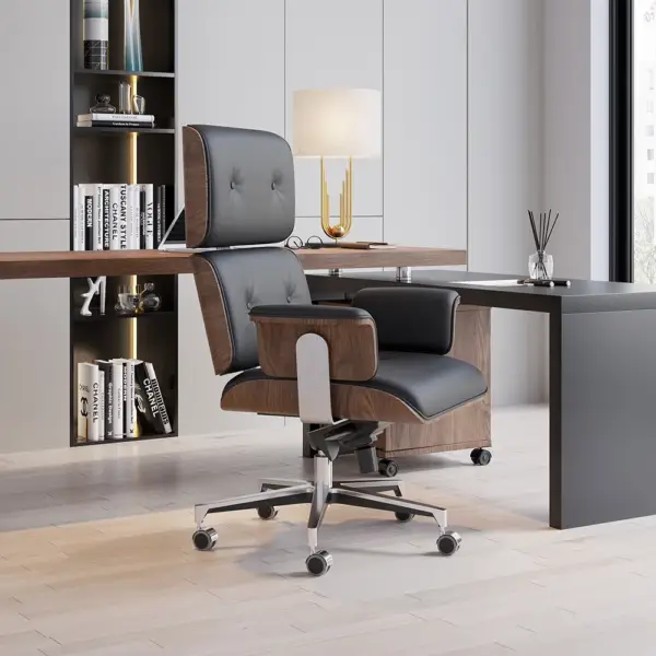 Modern Black Home Office Chair Swivel Upholstered Wooden Desk Chair Adjustable Height - Image 7