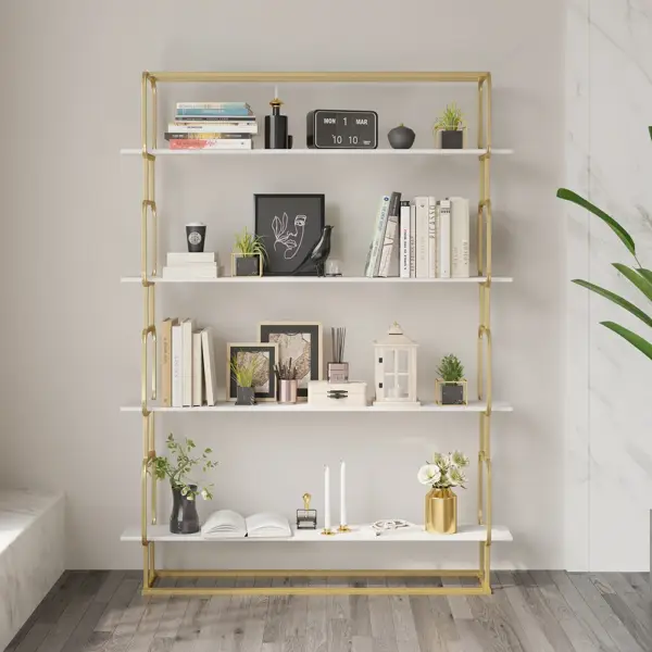 1800mm Modern White Tall Freestanding Wooden Office 4 Shelves Etagere Bookcase in Gold - Image 4