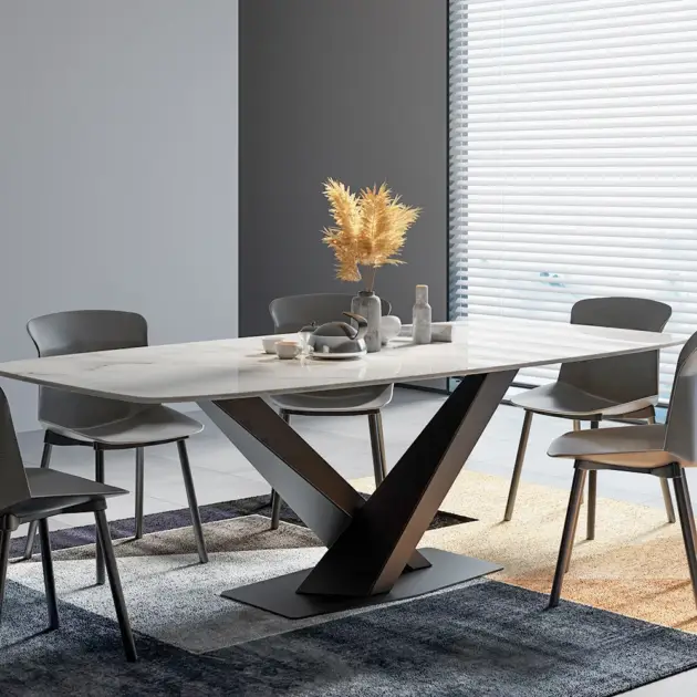 2000mm Modern Rectangular White Sintered Stone Dining Table with Metal X-Base