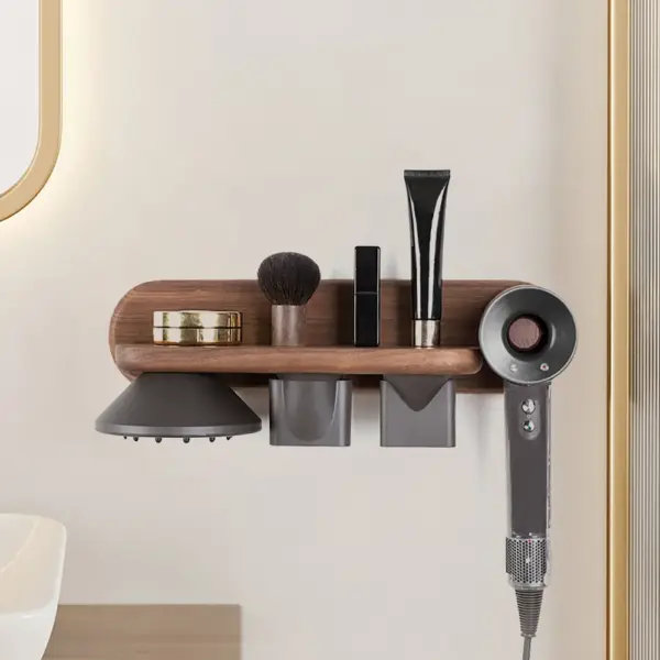 Wood Hair Dryer Holder Rack in Walnut with Accessories Storage & Shelf