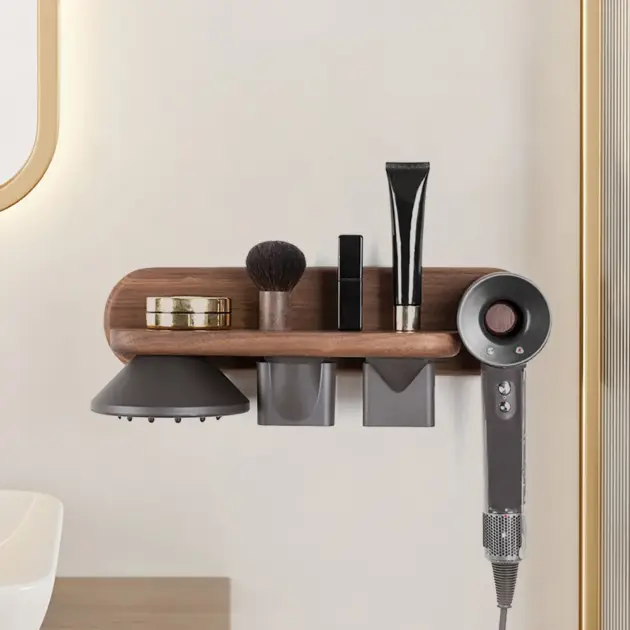 Wood Hair Dryer Holder Rack in Walnut with Accessories Storage & Shelf