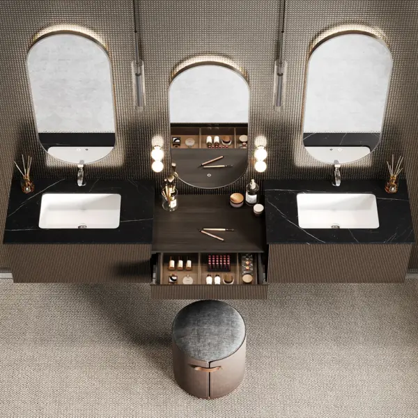 Modern Floating Double Sink Bathroom Vanity Set with Makeup Table Walnut - Image 5