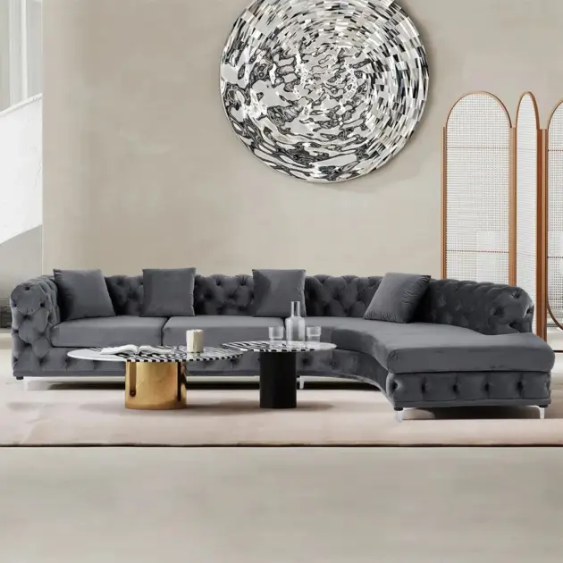 L-Shaped Curved Grey Sectional Sofa Upholstered Velvet Chesterfield Sofa
