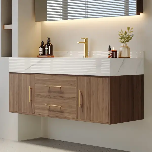 1000mm Walnut Floating Bathroom Vanity Set Stone Top Wall Mounted Bathroom Cabinet