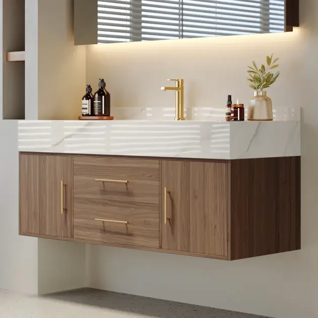 1000mm Walnut Floating Bathroom Vanity Set Stone Top Wall Mounted Bathroom Cabinet