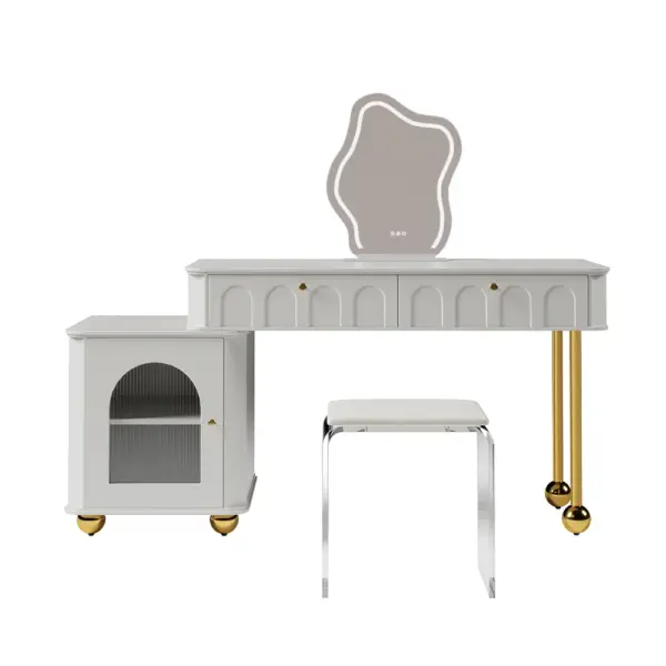 Modern White Makeup Vanity Set Dressing Table with Lighted Mirror & Cabinet & Stool - Image 9