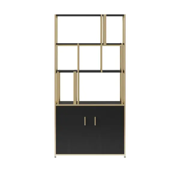 2000mm 5-Tier Black & Gold Bookshelf with 2 Doors Storage Cabinet - Image 12