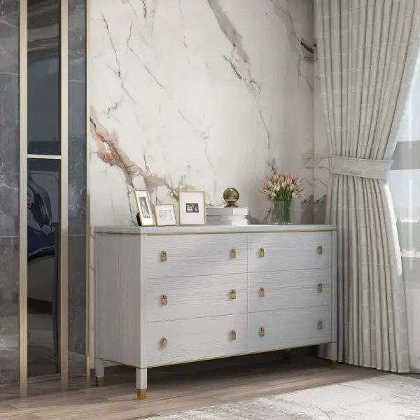 Modern Gray Dresser Chest of 6 Drawers Cabinet in Gold - Image 3
