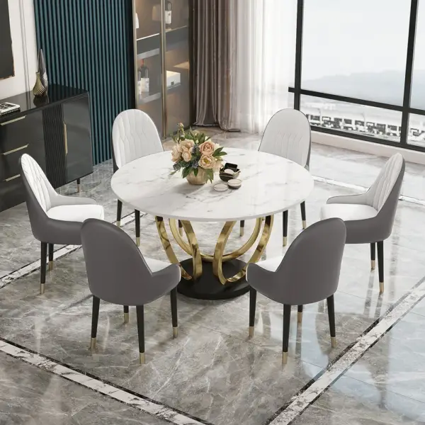 7 Piece Dining Room Set 1350mm Sintered Stone Top Round Dining Table White&Grey 6 Chairs
