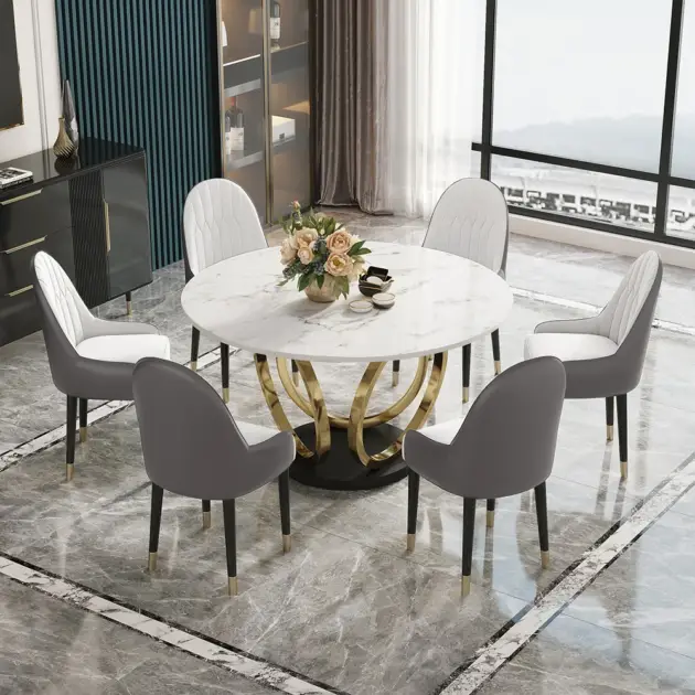 7 Piece Dining Room Set 1350mm Sintered Stone Top Round Dining Table White&Grey 6 Chairs