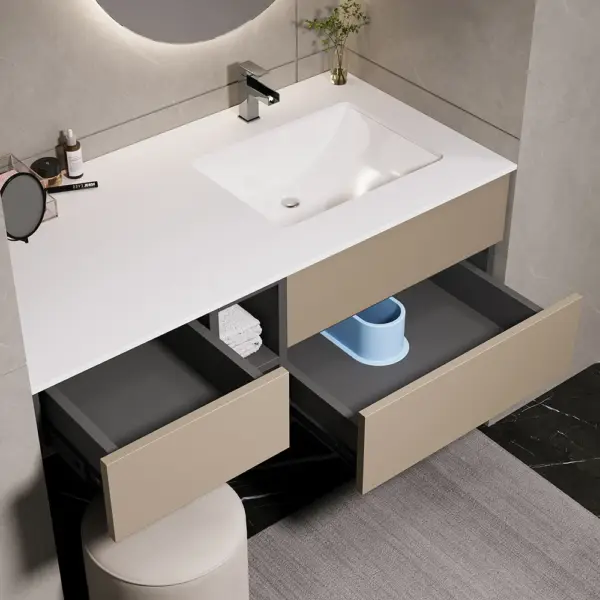 1000mm Modern Floating Bathroom Vanity Set with Single Basin & a Makeup Counter in Khaki - Image 3