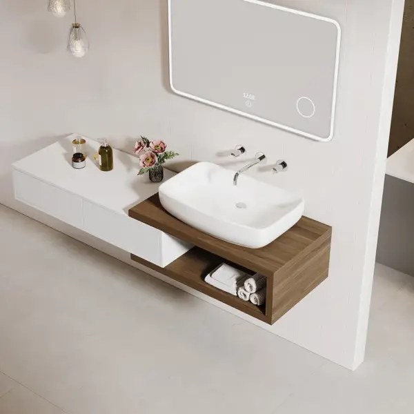 Modern Extendable Floating Bathroom Vanity Set Wall Mounted Vanity in White & Walnut - Image 5