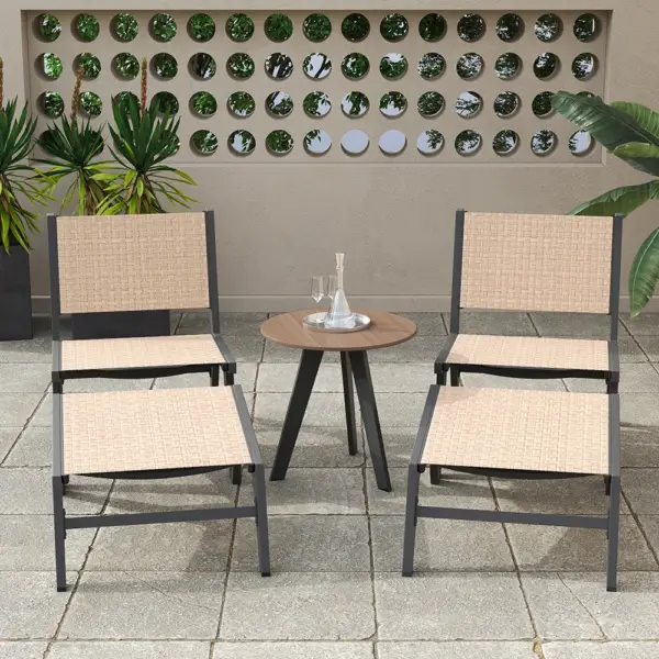 5Pcs Rustic Rattan Aluminum Outdoor Patio Lounge Chair Set Round Coffee Table & Stool - Image 2