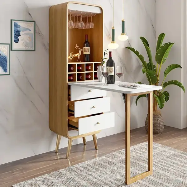 Foldable Bar Cabinet Convertible with Wine Rack & Table & 3 Drawers - Image 2