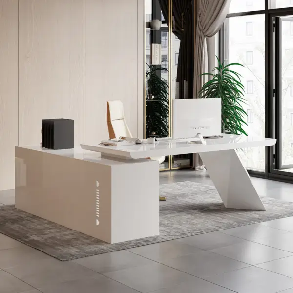 2000mm Modern White L-Shape Executive Desk Drawers & Cabinet Office Desk Right Hand - Image 2