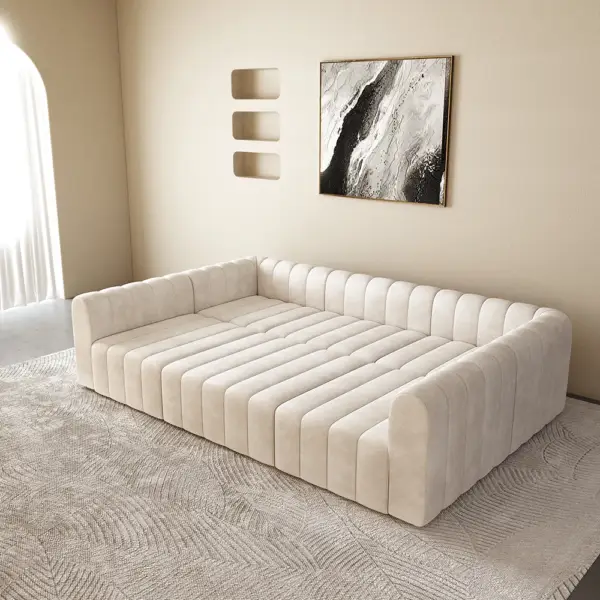 3020mm Off White Velvet Modular Pit Sectional Sofa Set Convertible 6-Seater Upholstered - Image 4