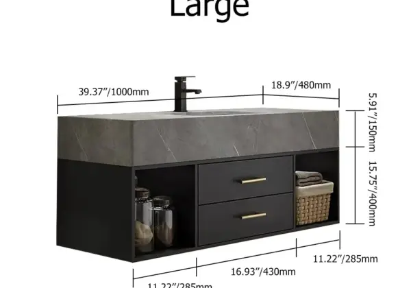 1200mm Floating Black and Grey Bathroom Vanity with Sintered Stone Vessel Sink - Image 11