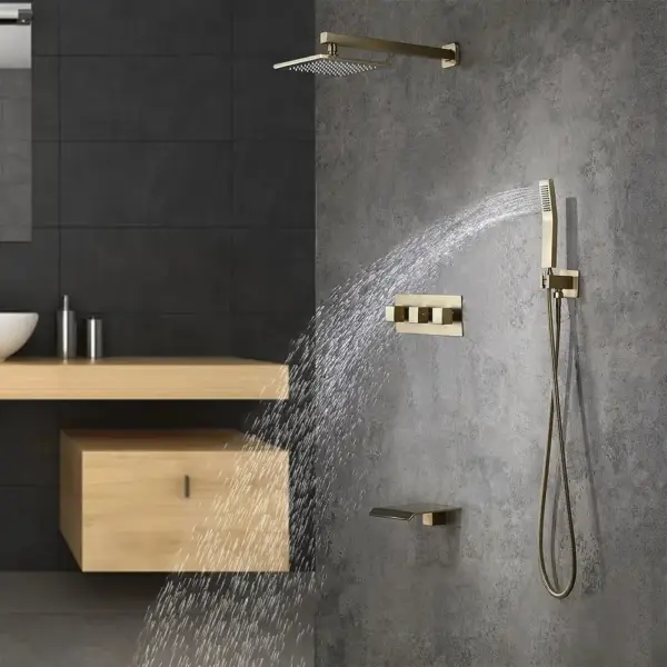 Moda Wall-Mounted 250mm Shower Set in Brushed Gold Rainfall 3 Function Solid Brass - Image 3